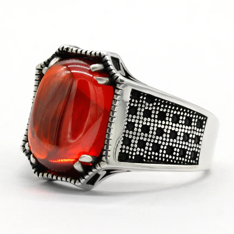 S925 Sterling Silver Mens Ring Grade A Red Zircon Handmade Jewelry Party Gift Fashion Retro Gift Turkiye 250716