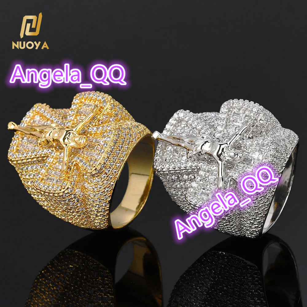 Jewelry Hip Hop Iced Out Diamond Ring for Men Women Bling Moissanite Stone White Gold Plated Jesus Cross Ring Trendy Jewelry