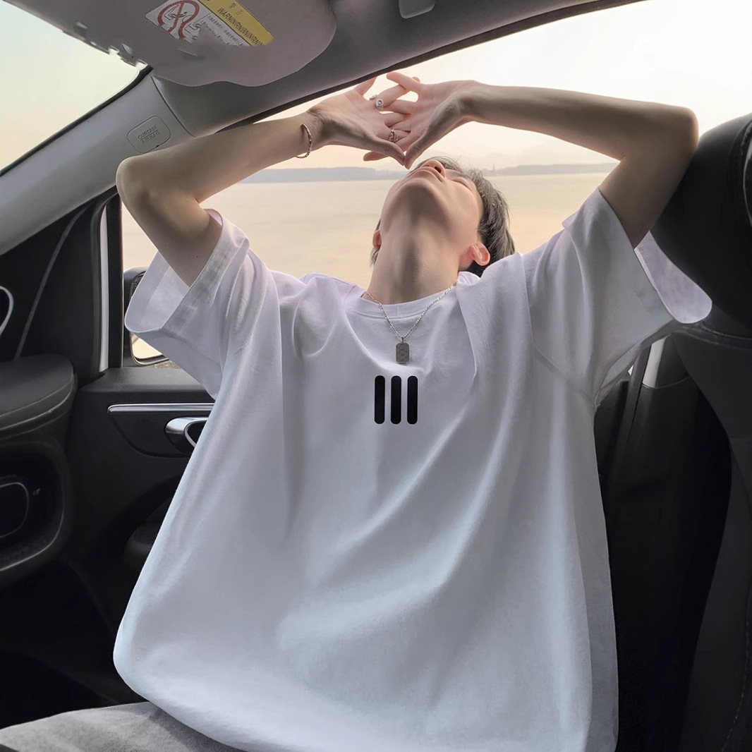 American Style Heavyweight Crew Neck Short Sleeve T-shirt For Men 2025 Summer Designer Short Sleeves Thin Trendy Brand Cool Loose Five-quarter Sleeve 