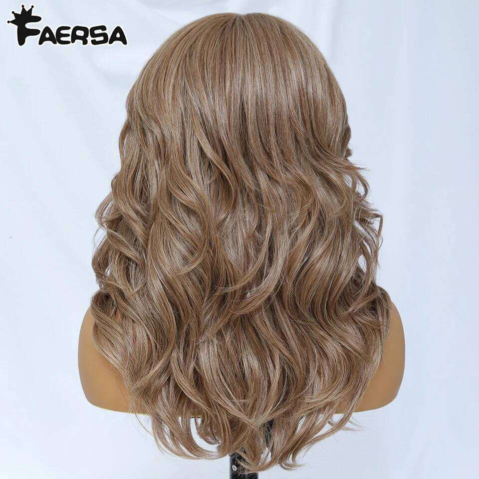 Body Wave Layered With Bangs Women 18 Inch Ombre Brown Synthetic Front Wigs For Daily Use T- Part Lace Wig
