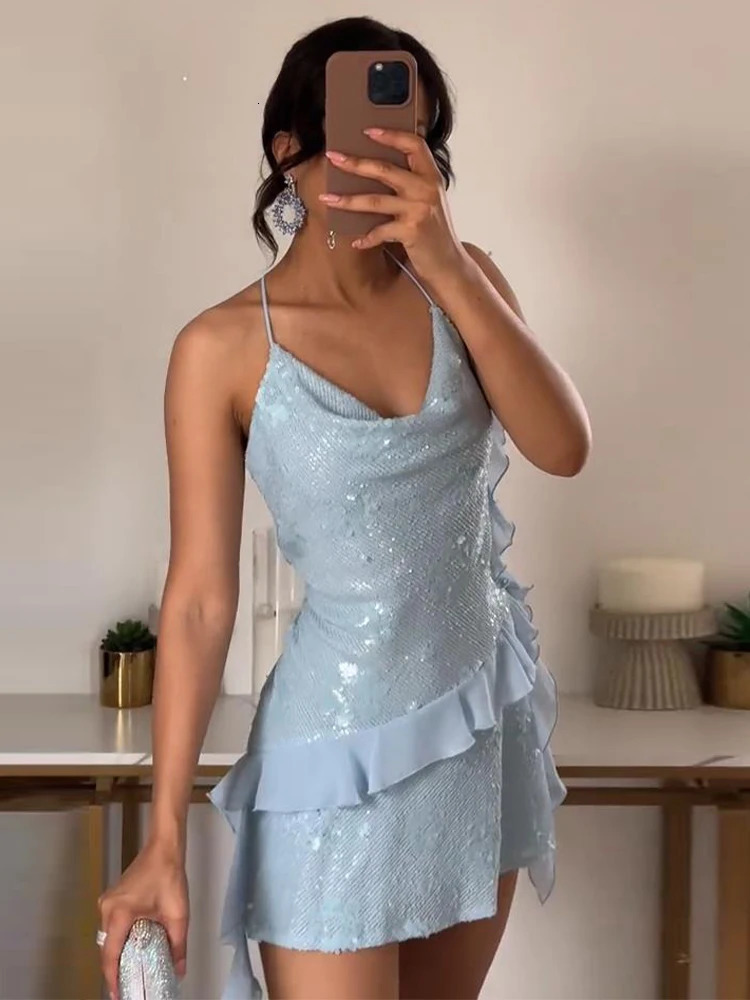 Sexy Sequined Ruffles Short Dress Women Fashion Sleeveless Backless Party Club Banquet Dresses Female Summer Lady Y2K Dresses 250704