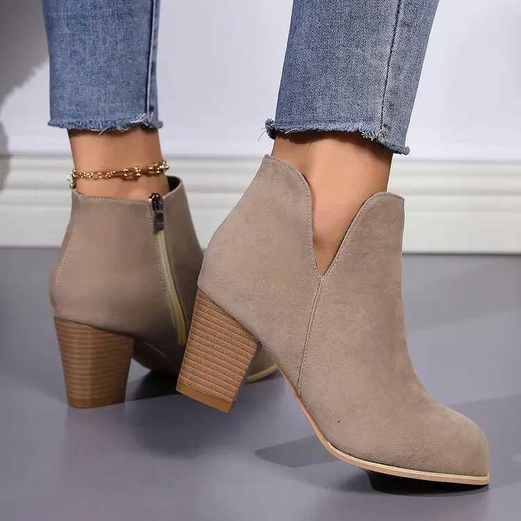 Womens Fashion Ankle Boots Chunky High Heels Boots Female New Trendy Autumn Winter Outdoor Mid-heel Side Zipper Booties Mujer Z250704