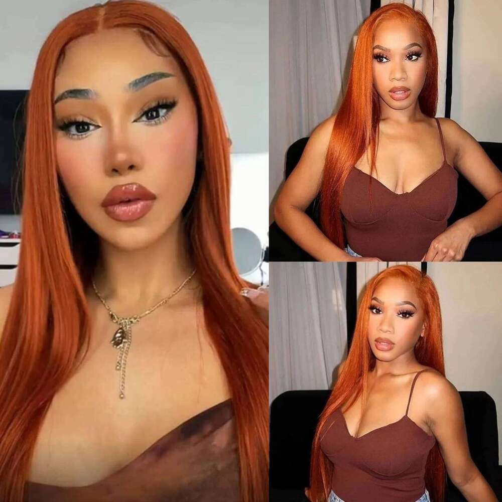 Ginger Long Straight Synthetic Front Glueless Wigs for Women Cosplay Party Dark Orange Hair Lace Frontal Wig Auburn