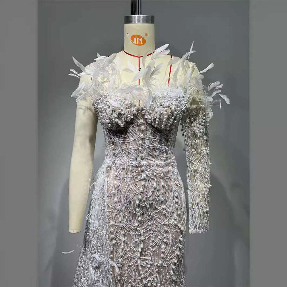 White Skirt Maxi Skirt D Feather Beaded Sequin Embroidered Strapless Dress Haute Couture Evening Wedding Party Gown Long Skirt