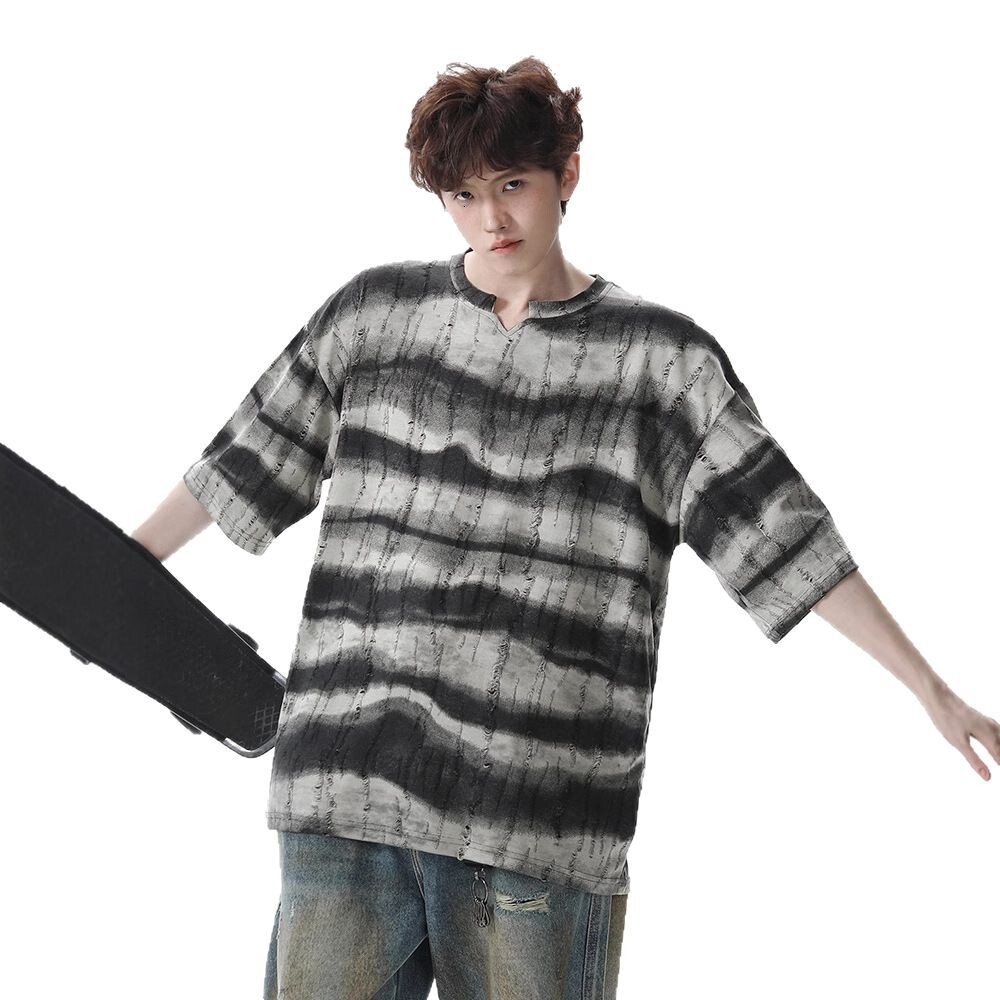 American Heavyweight Striped Short Sleeve T-shirt For Men 2025 New Summer Designer Short Sleeves Retro Trendy Brand Scratched Design Loose Half Sleeve