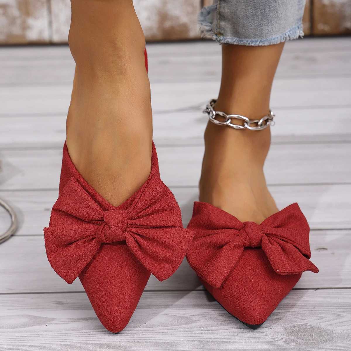 Women Bow Flats Slippers Summer Square Toe Closed Toe Sandals Non Slip Beach Shoes Big Size Pointed Toe Slippers Women Slides Women W250704