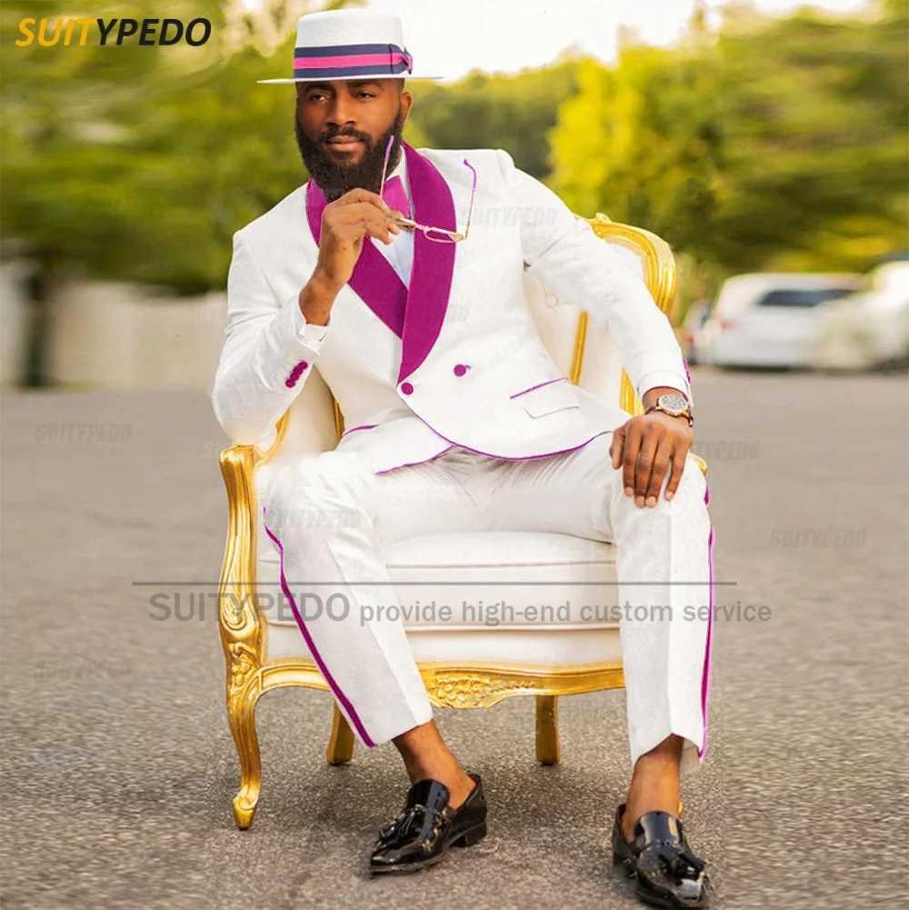 Fashion White Men Velvet Lapel Suit Sets New Design Slim Fit Blazer Pants 2 Pieces Formal Wedding Prom Groom Suit Attire X250704