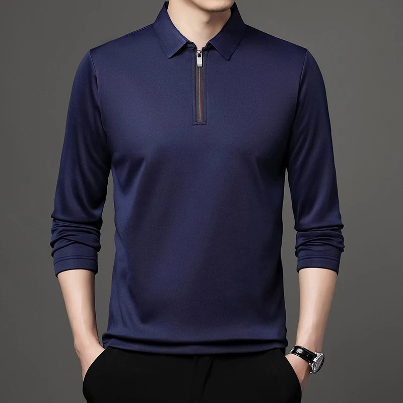 T Shirt Zipper Polo Shirt Male Fashion Turn-Down Collar Long Sleeve Business Men Clothes 250704