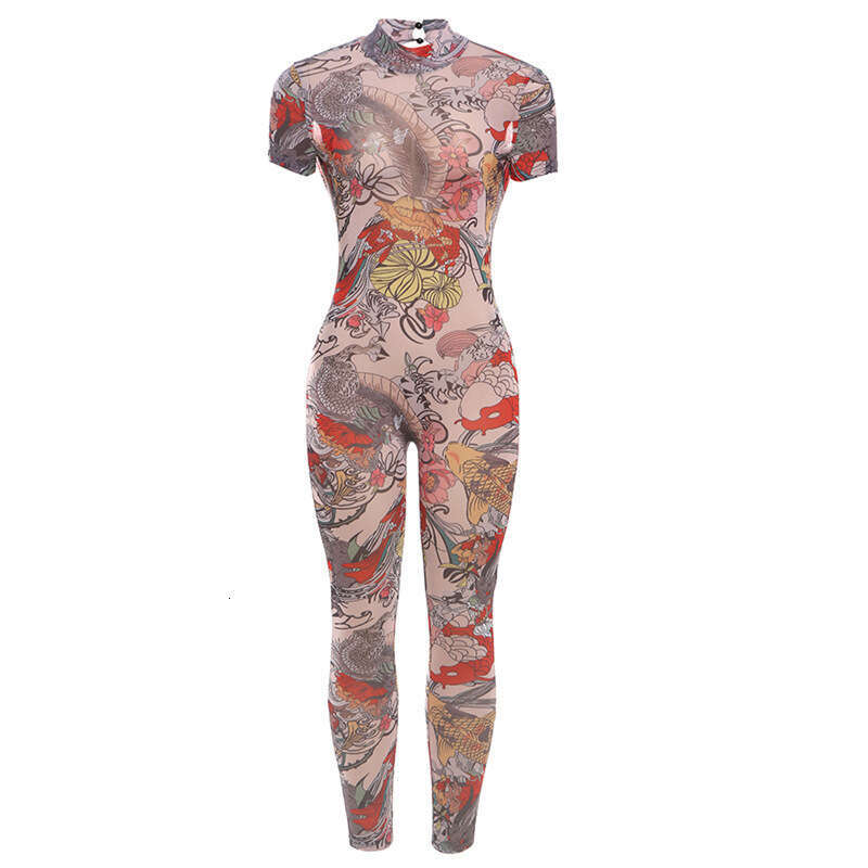 European and American Style Summer Women's Sexy Backless Printed Sheer Mesh Jumpsuit 2025 New Casual Fashion Trendy Clothing