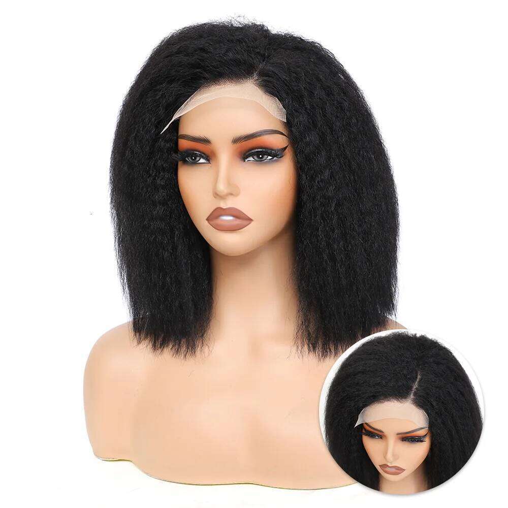 Transparent Kinky Straight Front Pre Plucked Yaki 5X5 Short Human Hair Wigs For Woman Natural Lace Closure Bob Wig