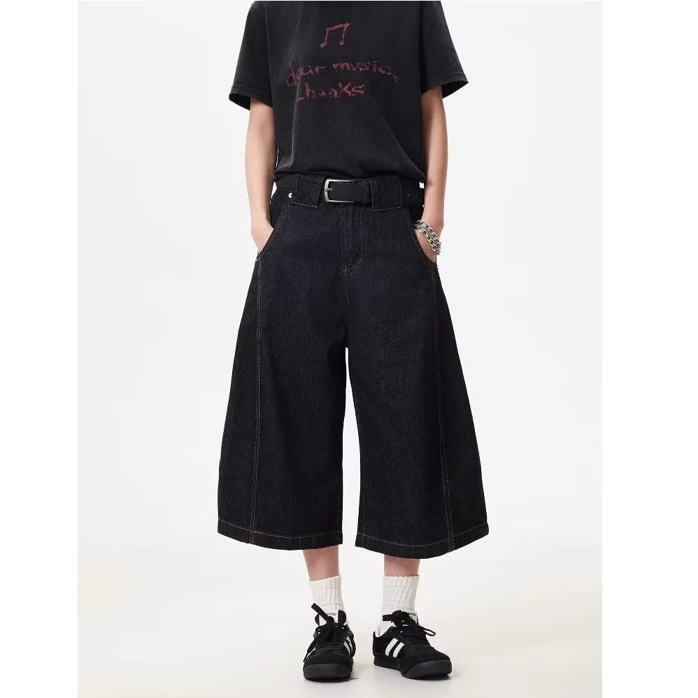 DM Mens Jeans Solid Color Line n American Style Straight Leg Cropped Trousers Summer Baggy Male Denim Shorts 250704
