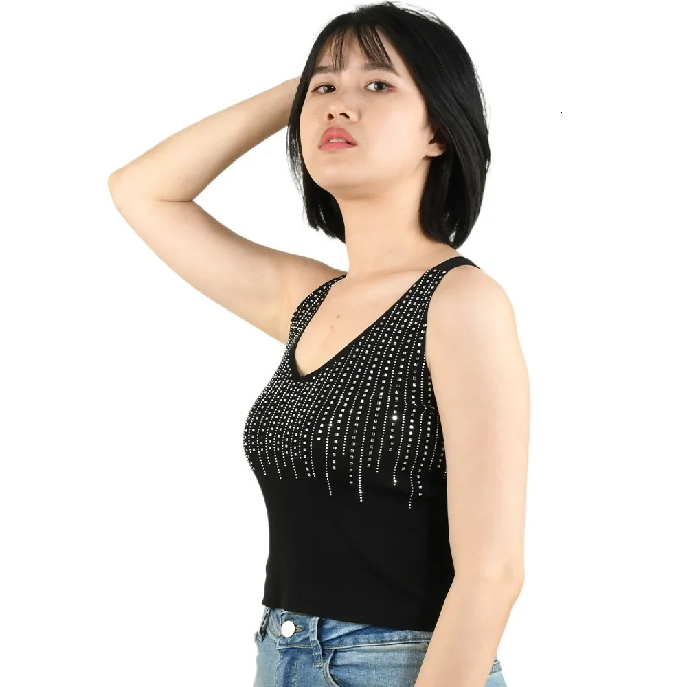 Summer Vest Tops For Woman Shinny Rhinestone Strappy V Neck Sleeveless T shirts Women Tank Crop Camisole Clothes Female Tee 250704