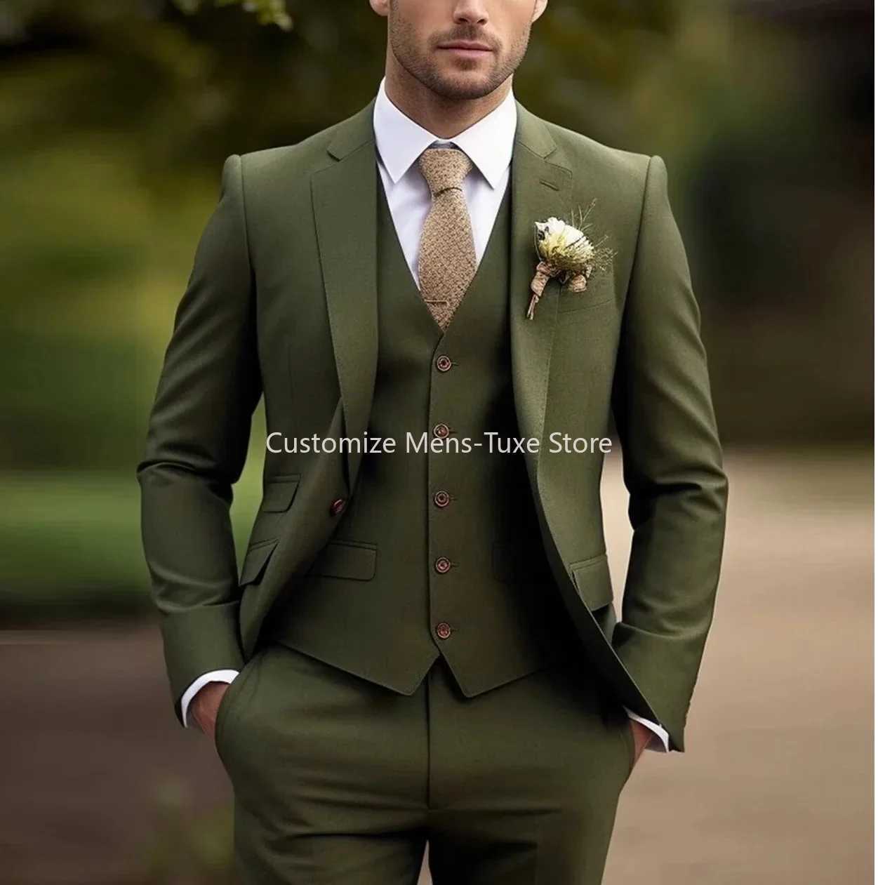 New Beige Suit Men Business Tuxedos Formal 3-Piece Set Jacket Vest Pants Single Breasted Groom Groomsman Prom Wedding Party X250704