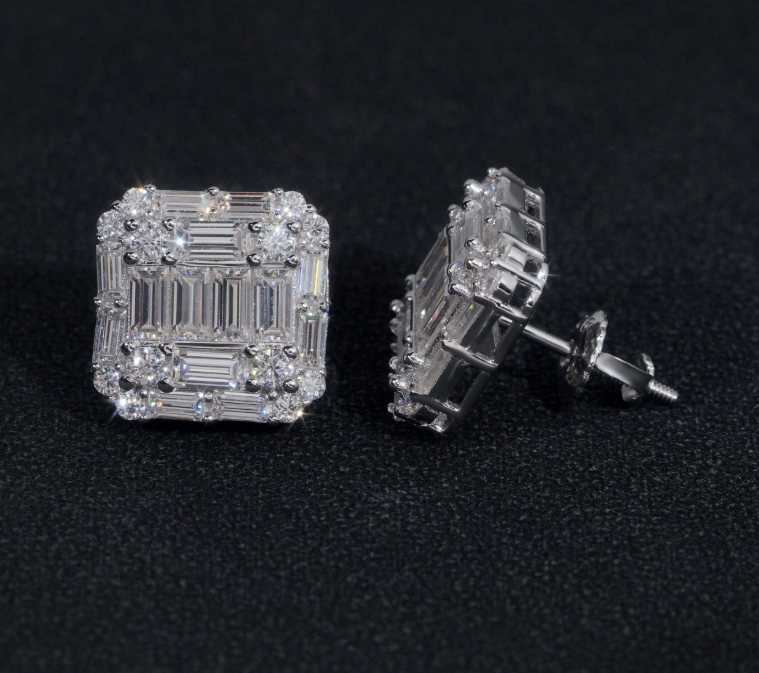Hip Hop Style Baguette Moissanite Square Shape 925 Silver Mens VVS Diamond Stud Earrings