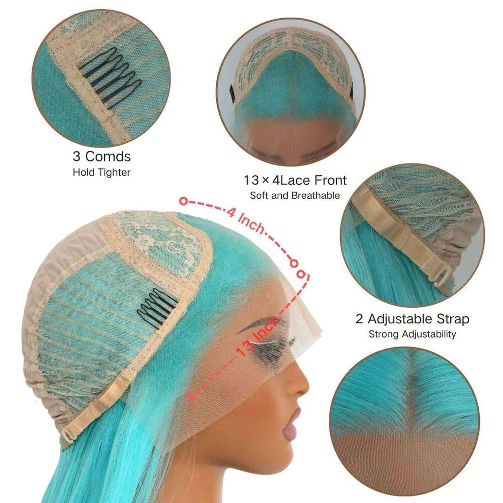 Blue Color Synthetic Wigs for Fashion Women 24 Inch Long Silky Straight Hair Mint Green Wig 13x4 HD Lace Front W