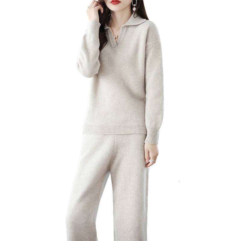 2024 High End Autumn/Winter 100% Pure Wool Knitted Women's Two Piece Set Sweater POLO Collar Cashmere Casual Wide Leg Pants 250704