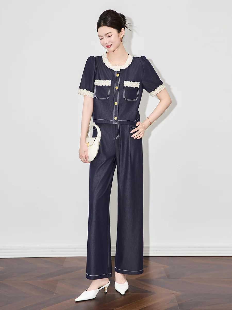 ZJYT Womens High Strt Fashion Denim Two-Piece Set Short Slve Top And Jeans Pants Summer Casual Outfit Blue Suits 2025 New X250704