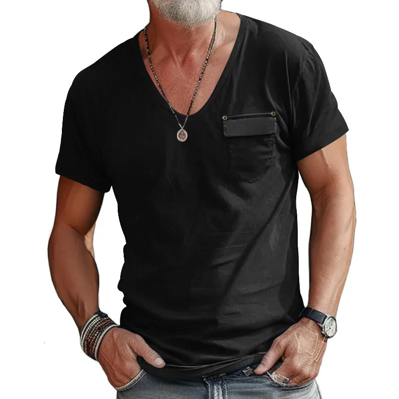 summer fashion slimfit Uneck casual versatile solid color Henry shirt shortsleeved men 250704