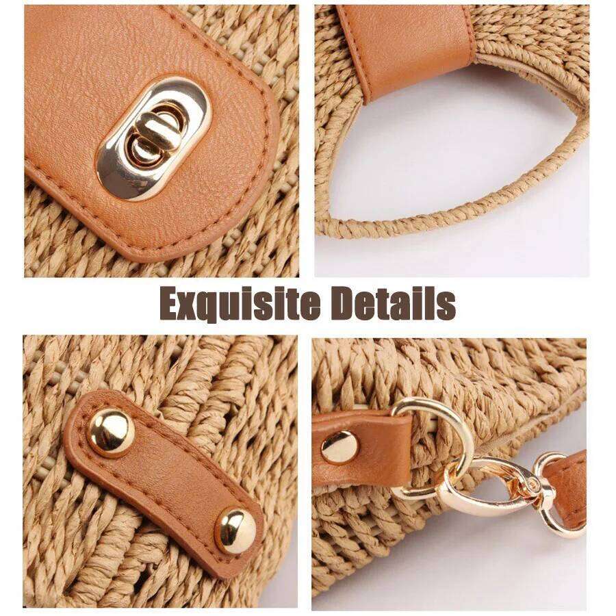Luxurious designer 2025 model casual woven basket-style handbag. Handmade. Beach-use straw shoulder-to-back carry-on bag for summer.