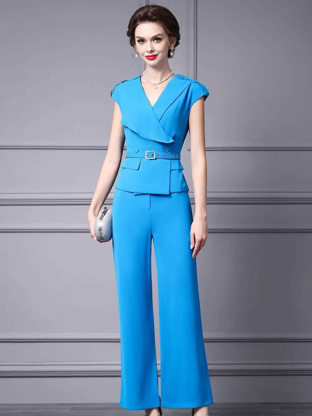 ZJYT Runway 2025 Fashion Summer V Neck Top Pant Sets Two Pieces Womens Outfit Elegant Conjuntos Femininos Trousers Suit Blue X250704