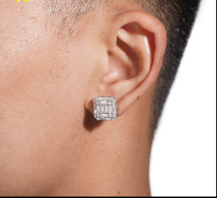 Hip Hop Style Baguette Moissanite Square Shape 925 Silver Mens VVS Diamond Stud Earrings