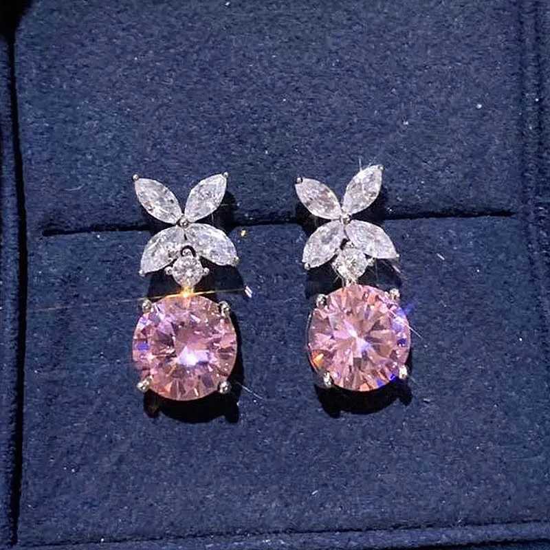 8 Exquisite Flower Dangle Earrings Pink Cubic Zirconia for Women Silver Color Temperament Sweet Accessories Fashion Jewelry Y250704