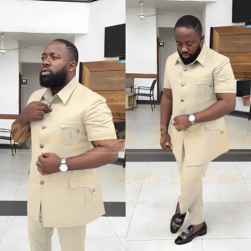 Summer Mens Suits Solid Color Short Sleeve Single Breasted Stand Collar Casual Outfits 2 Piece Jacket Pants Set Slim Fit Terno X250704