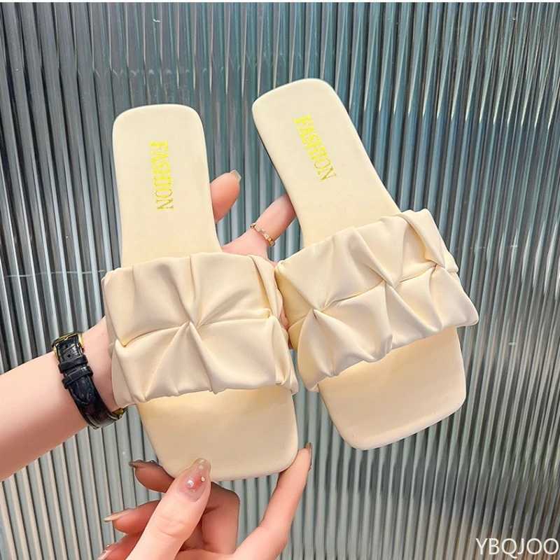2025 Summer Womens Cool Slippers for Outdoor Wear Versatile Casual Simple Comfortable Pleated Flat Heeled One-Piece Slippers W250704