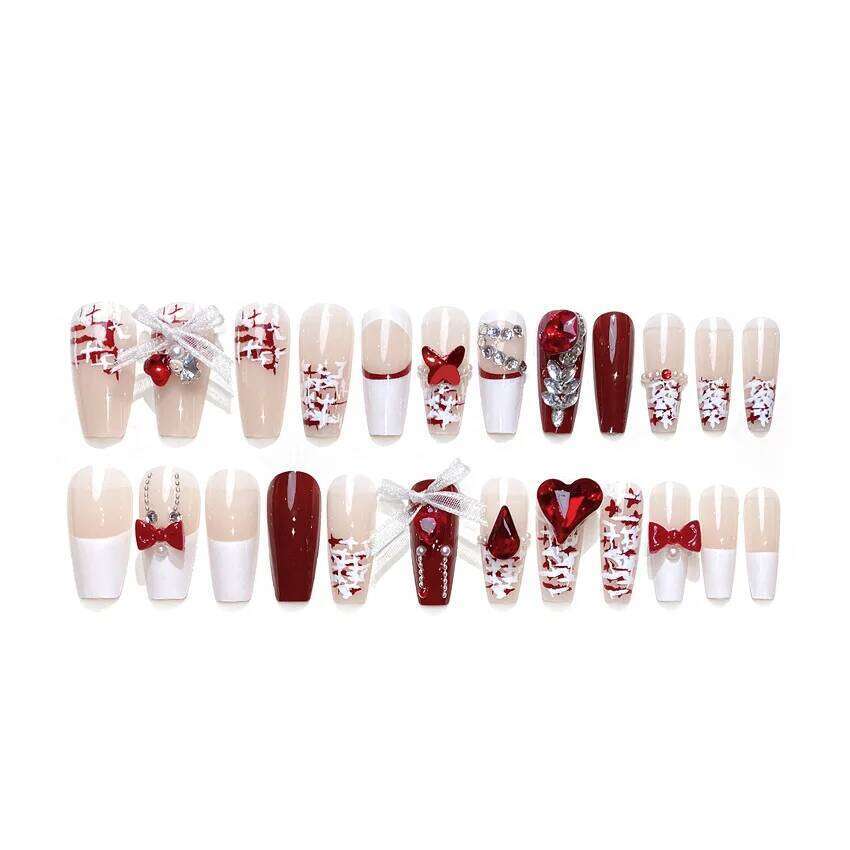 24Pcs Lace Bow Press-on Valentine's Day Dia Pearl Red Heart False Nails New Al Wear Nail for Women and Girls X250704