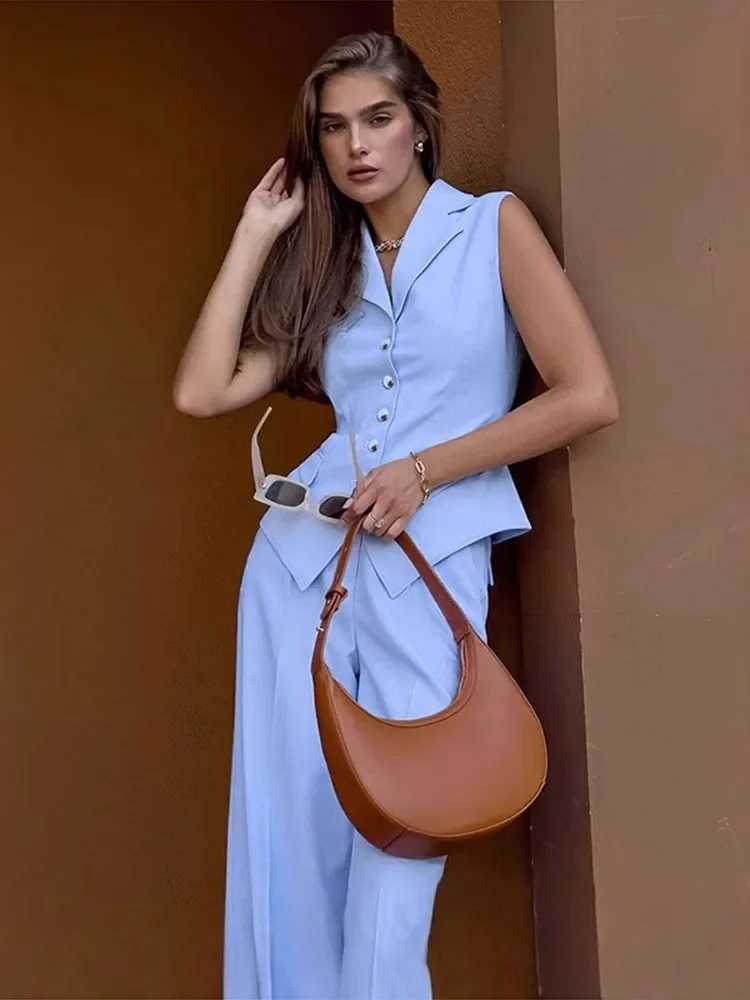 Lapel Single Breasted Vest Women Set Casual Solid Slveless Top Wide Leg Pleated Trousers Spring Summer Lady Outfit X250704
