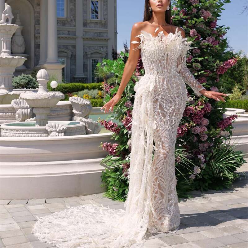 White Skirt Maxi Skirt D Feather Beaded Sequin Embroidered Strapless Dress Haute Couture Evening Wedding Party Gown Long Skirt