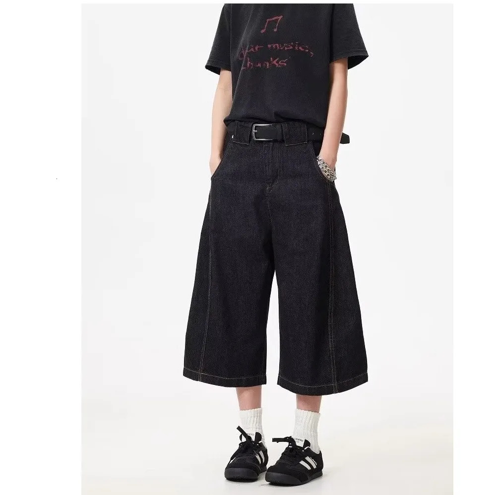 DM Mens Jeans Solid Color Line n American Style Straight Leg Cropped Trousers Summer Baggy Male Denim Shorts 250704