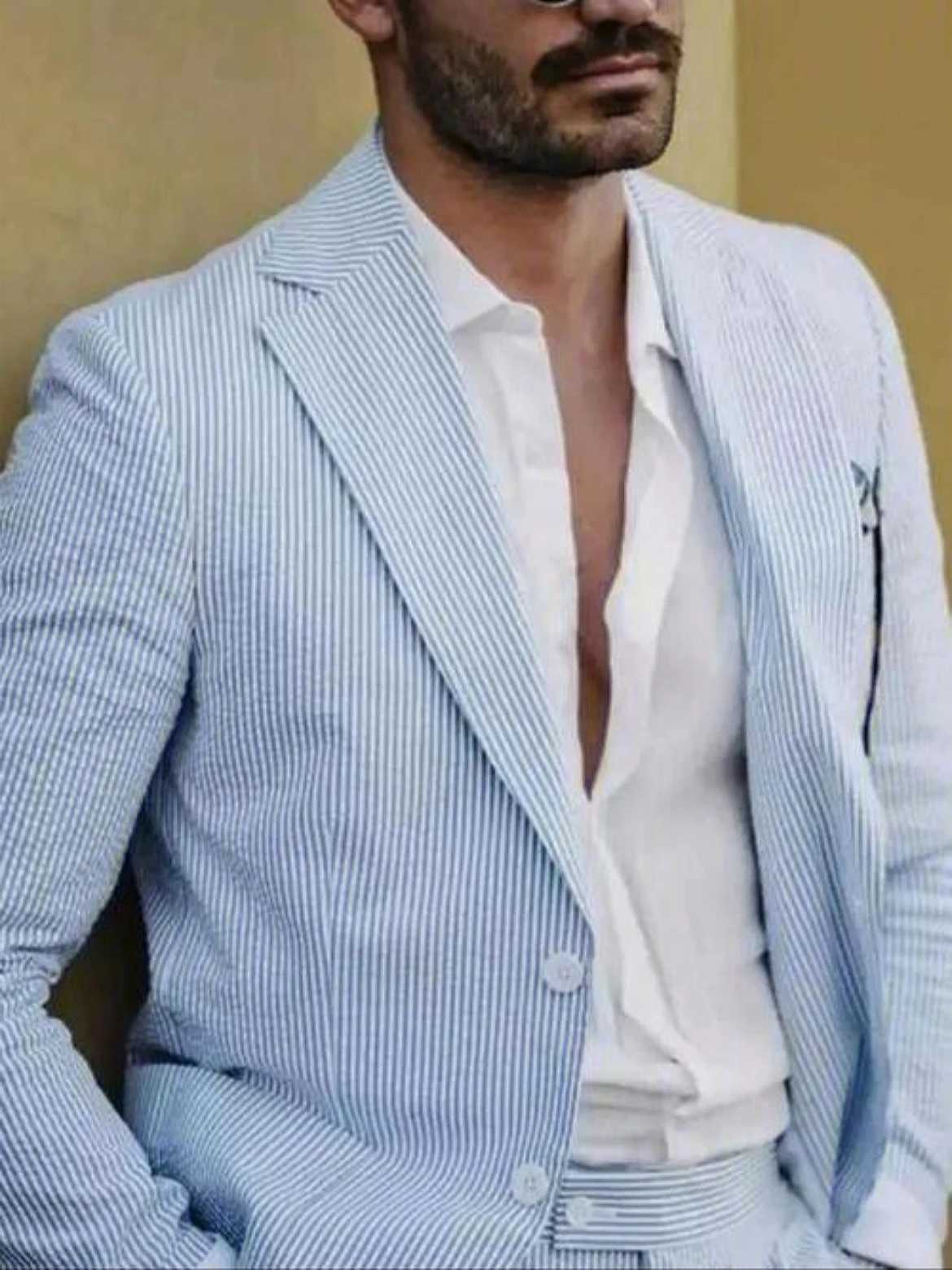 2-piece Mens Casual Suit Jacket Pants Summer Breathable Comfortable Casual Fashionable Mens Suit Solid Color Striped Sexy Suit X250704