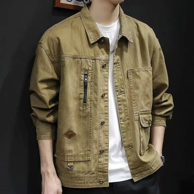 American Retro Zippered Denim Jacket Mens Spring Autumn Handsome Workwear Tops Fashion Loose Lapel Coat 250704