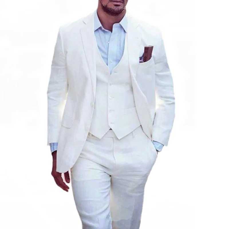 New Beach Linen Men Suits 2025 Summer 3 Pieces Slim Fit White Groom Wedding Tuxedo Best Man Formal Prom Male Suit Costume Homme X250704