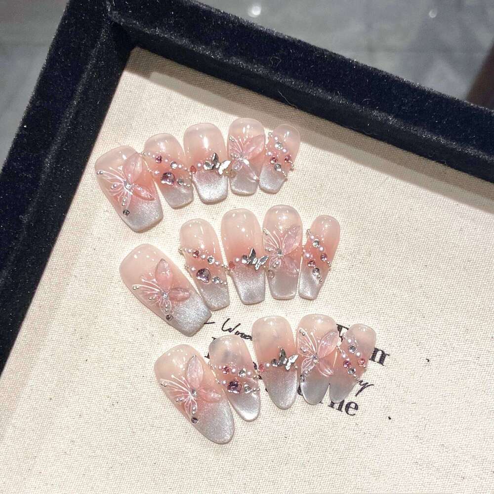 10Pcs Reuse Finished Fake with Butterfly Deisgn Pink Cat's Eye French Handmade Press on False Nails Wearable Nail Art Tips X250704
