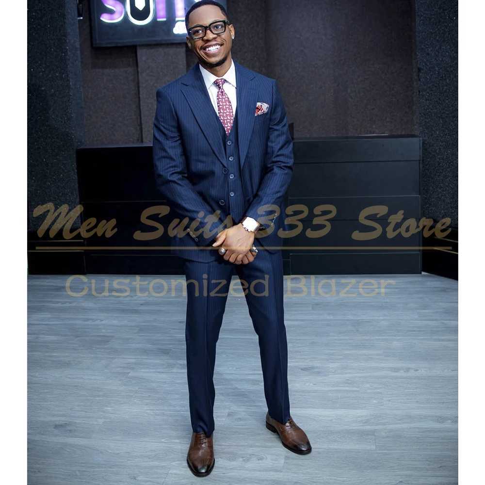 Customzied Blue Stripe Mens Suits Elegant Sing Breasted Notch Lapel Slim Fit 3 Piece Jacket Pants Vest Outfits Costume Homme X250704