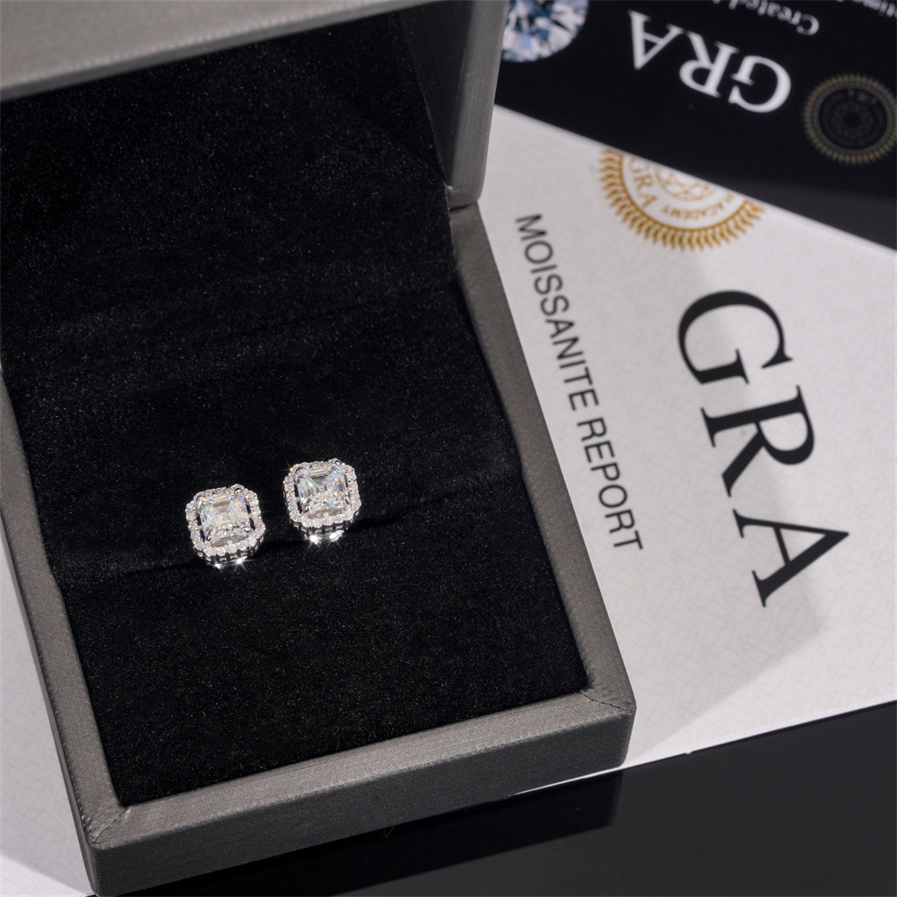 New Stocks Men Women D Color VVS Asscher Cut Moissanite Stud Earrings Fashion Jewelry 925 Silver Hip Hop Earrings