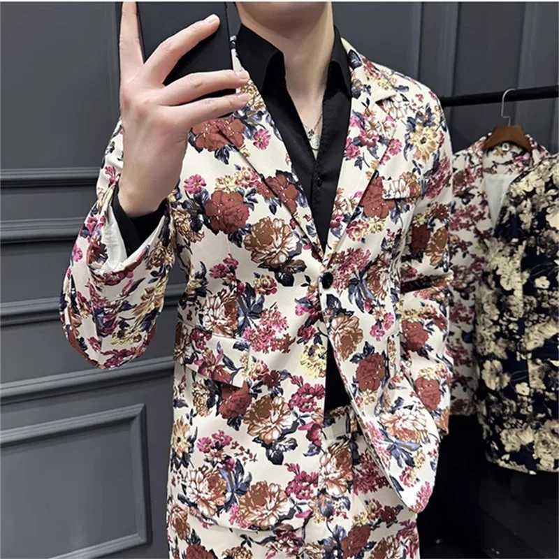 Navy Blu Mens 2-Piece Printed Suit Single Button V-Collar Cotton Jacket with Trousers Asian Fit M-5XL All-Season Wear X250704