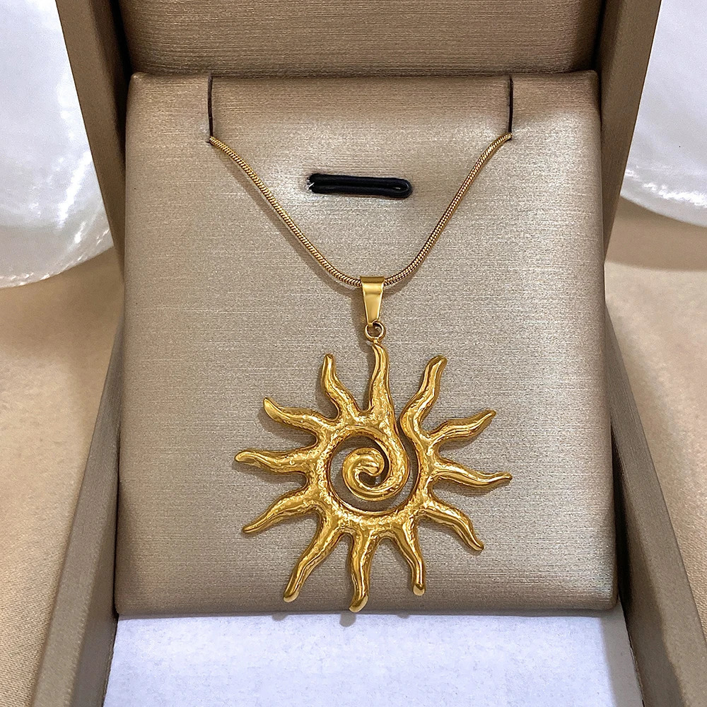 Flashbuy Vintage Chic Sun Shaped Pendant Stainless Steel Necklace Statement Golden Fashion Jewlery Gift 250701