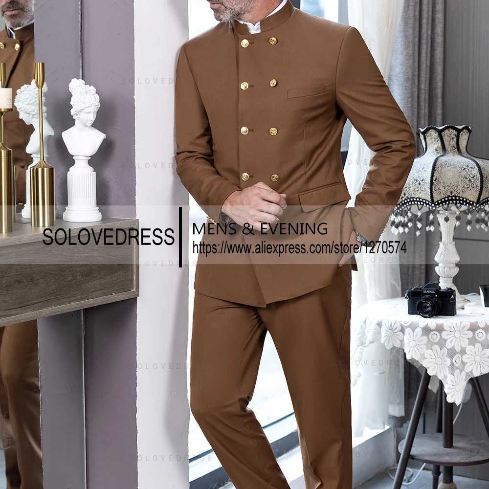 2 Piece Stand Collar Double-Breasted Chinese Style Mens Suits With 3 Real Pocket Wedding Suits Tailored Fit (Blazer+Pants) X250704