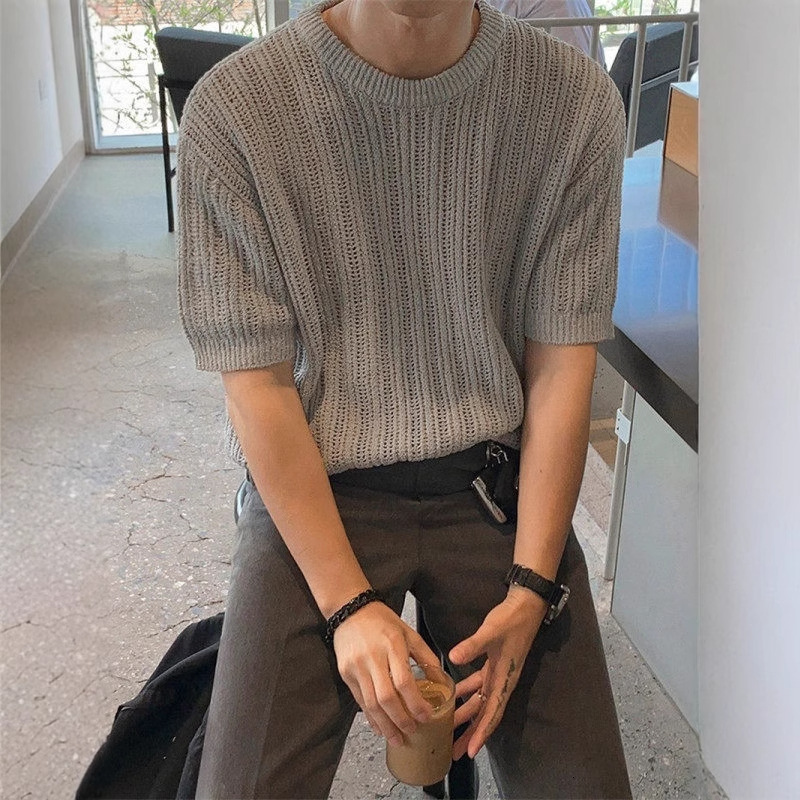 Knitted Short Sleeve T-shirt For Men, Summer Thin Korean Style Trendy Brand Designer Short Sleeves Casual Clothing, Popular Design Sense, Elegant Half