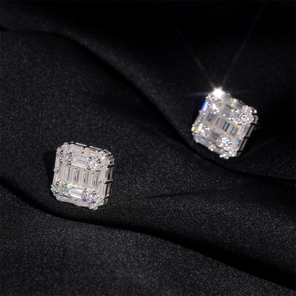 Hip Hop Style Baguette Moissanite Square Shape 925 Silver Mens VVS Diamond Stud Earrings