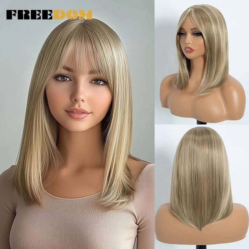 FREEDOM Synthetic Straight Bob with Bangs 16 Inch Ombre Brown Blonde Wigs for Women Heat Resistant Wig Cosplay Lolita Hair