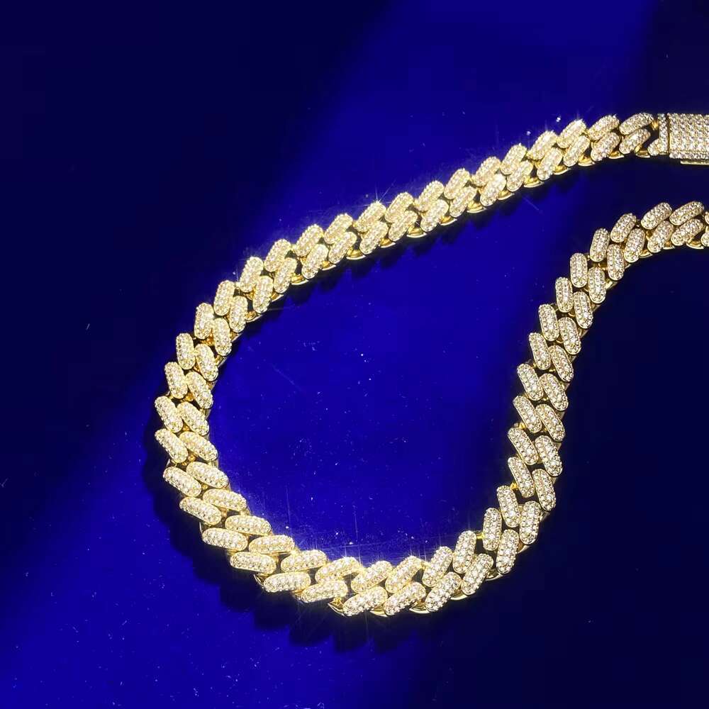 Hip Hop Classic Gold Plated 925 Silver Cuban Link Chain Necklace Iced Out VVS Moissanite Diamond for Men