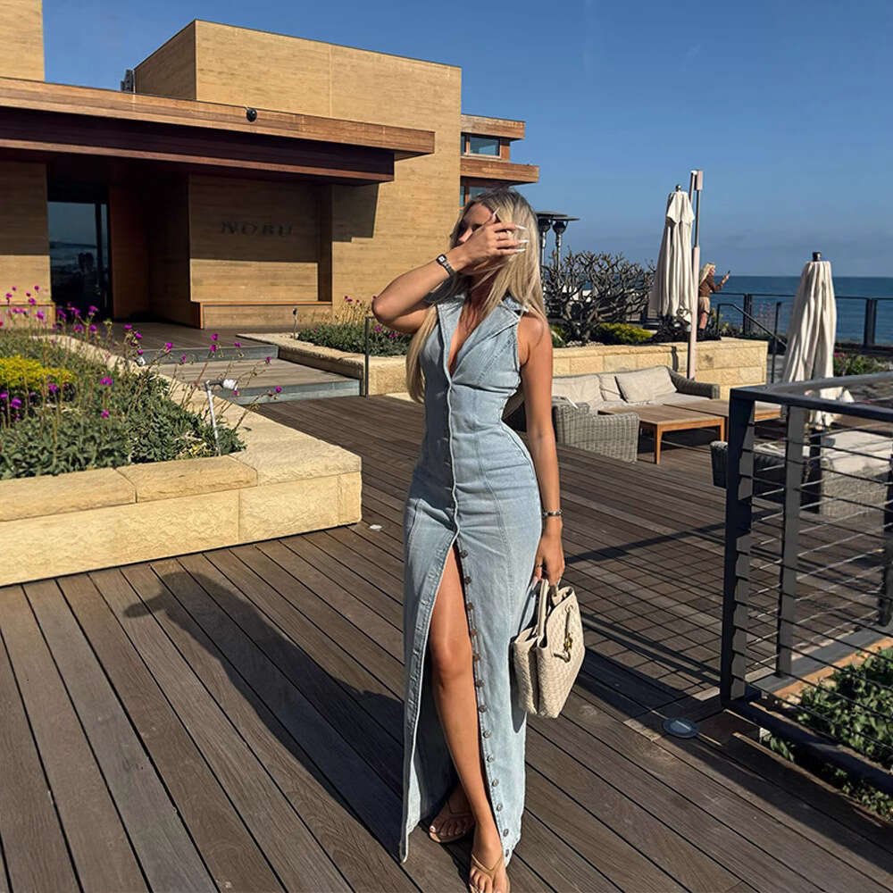 Hot-Selling Women's French Tea Break Button Denim Long Dress with Halter Neck and Waist-Cinching Design, 2025 New Casual Versatile Fashion Appare