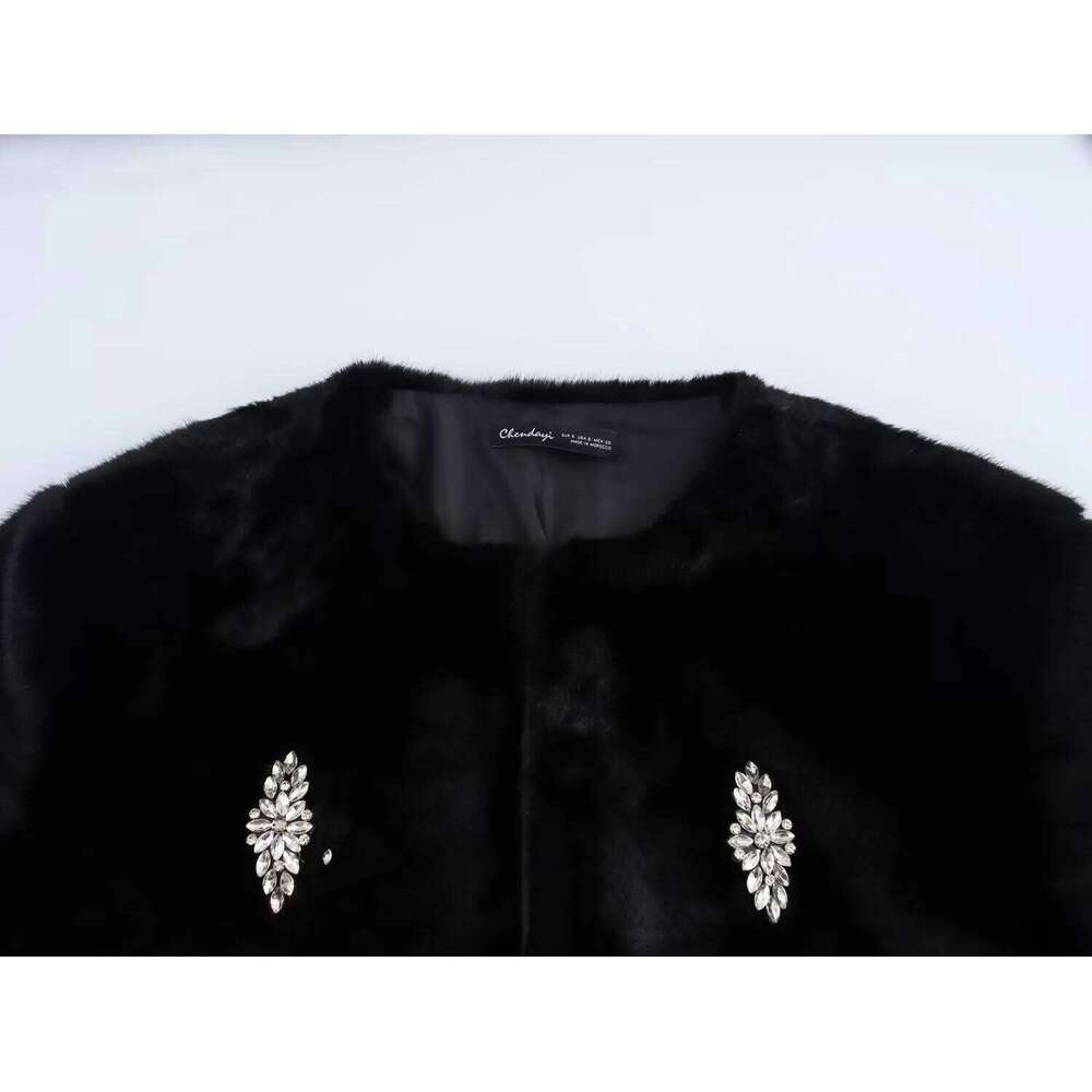 DEEABAE Winter Jacket Women's High-End Fashion Jewelry Inlaid Artificial Fur Long Sleeved Outerwear 250704
