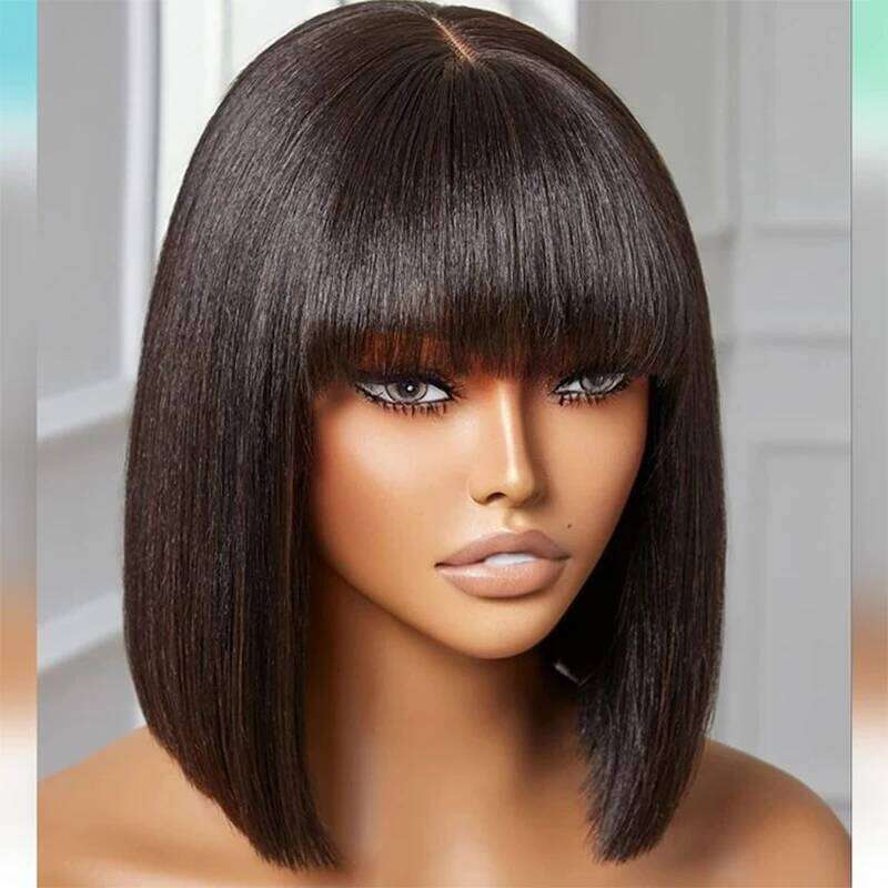 Cheap Double Drawn Virgin Bob Wig With Bang Glueless Full hine Made Real Vieamese Bone Straight Human Hair Wigs Fringe