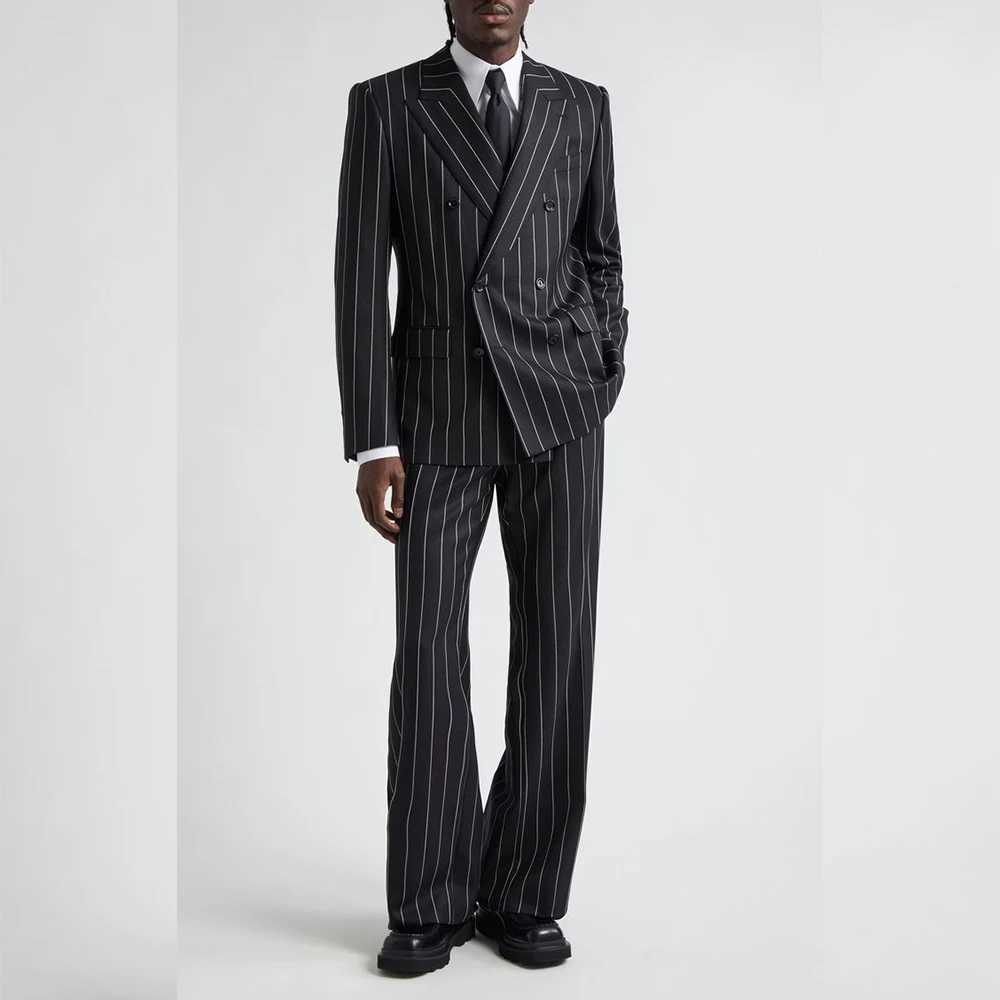 Black Pinstripe Mens Suits Double Breasted Peak Lapel High Quality 2 Piece Jacket Pants Full Sets Elegant Wedding Blazer 2025 X250704