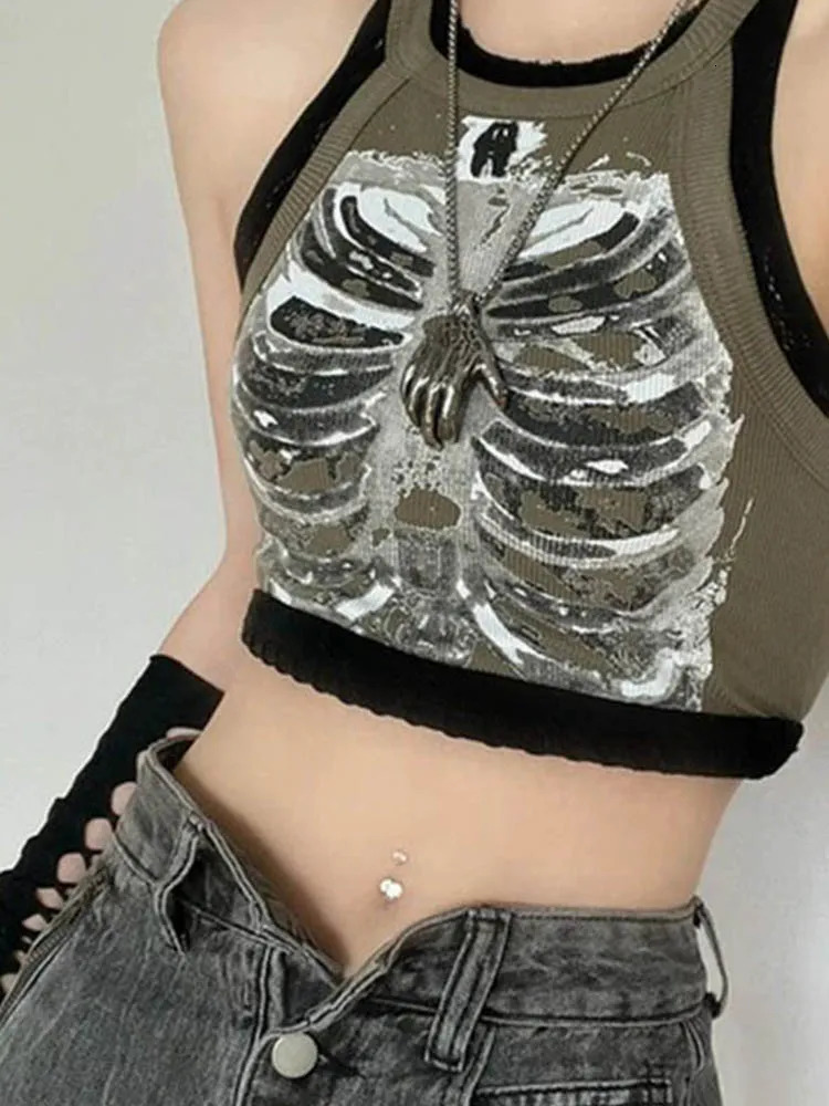 Punk Aesthetic Cyber Retro X-ray Skeleton Print Rib Sleeveless Vest ArmyGreen Crop Top Clothes Women Summer Emo 250704